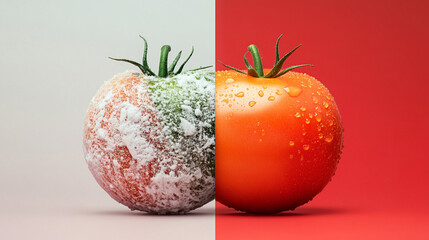 Wall Mural - Tomatoes are in half, the difference between fresh and spoiled: half rotten tomatoes and white and green mold a white background. other half with vibrant colors, water drops and red background