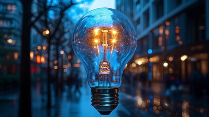 Wall Mural - Light bulb glowing in a cityscape at dusk.