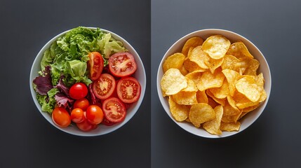 Wall Mural - Fresh salad vs. crispy potato chips in white bowls on dark background