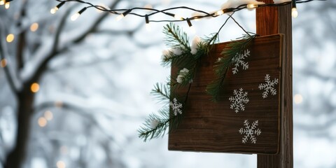 Poster - A Rustic Wooden Sign Decorated With White Snowflakes and Evergreen Sprigs Hanging in a Snowy Winter Scene