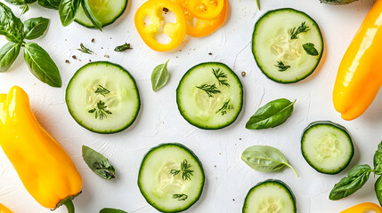 Wall Mural - Sliced cucumbers, peppers, and basil on white background; overhead shot for healthy food blog or recipe website