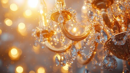 Close-up of a glittering crystal chandelier with warm bokeh lights in the background.