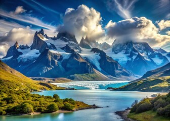 Wall Mural - Majestic Glacier and Rugged Mountains, Torres del Paine National Park, Chile - Serene Sky Bokeh