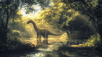 Wall Mural - A long-necked dinosaur stands in a sunlit forest stream.