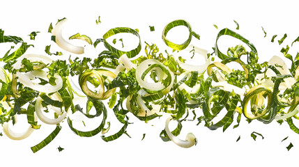 Wall Mural - Flying chopped kale and zucchini swirls, studio shot, white background, healthy food recipe ingredient