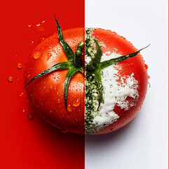 Wall Mural - Tomatoes are in half, the difference between fresh and spoiled: half rotten tomatoes and white and green mold a white background. other half with vibrant colors, water drops and red background