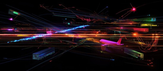 Wall Mural - abstract artwork depicting vibrant streaks of light, resembling motion and travel, with an airplane 