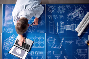 Poster - Design Industry And Development. Machine Blueprint At Factory