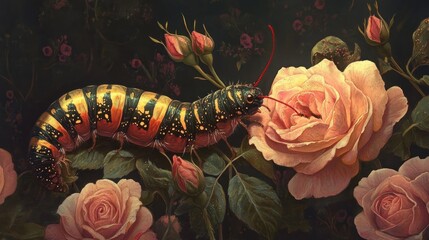 Wall Mural - A vibrant caterpillar crawling on a peach-colored rose amidst a lush garden of roses and buds.