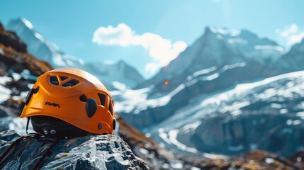 Wall Mural - Orange climbing helmet on rocky mountain background with snow-capped peaks