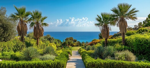 Wall Mural - A view of the lush green lawn with palm trees and hedges leading to an old traditional Greek house on Paxos island in Greece