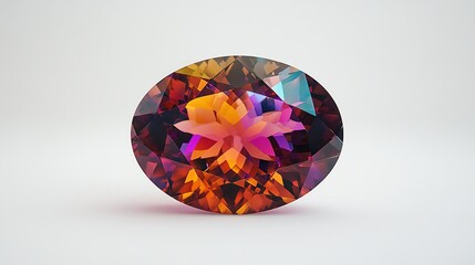 Colorful oval gemstone with unique facets on a white isolated background.