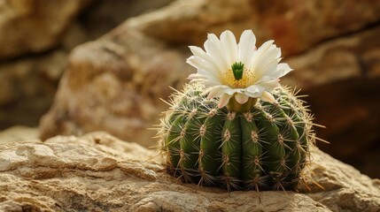 Wall Mural - A vibrant cactus with a white flower atop a rocky surface.