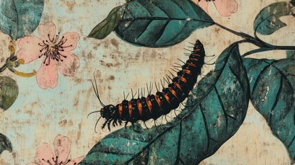 Wall Mural - A detailed illustration of a caterpillar on vibrant leaves with pink flowers.