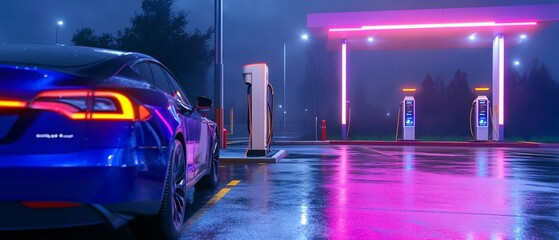 Wall Mural - Electric car charging station at night, rain reflects neon lights