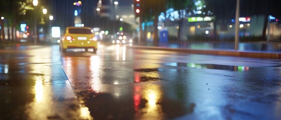 Wall Mural - Rainy night city street, car traffic, blurred background, urban scene