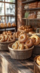 Wall Mural - Freshly baked everything bagels with sesame seeds and poppy seeds for breakfast,bagel sandwich in bakery shop,New York style bagels,Homemade freshly plain,onion bagels,space for text.