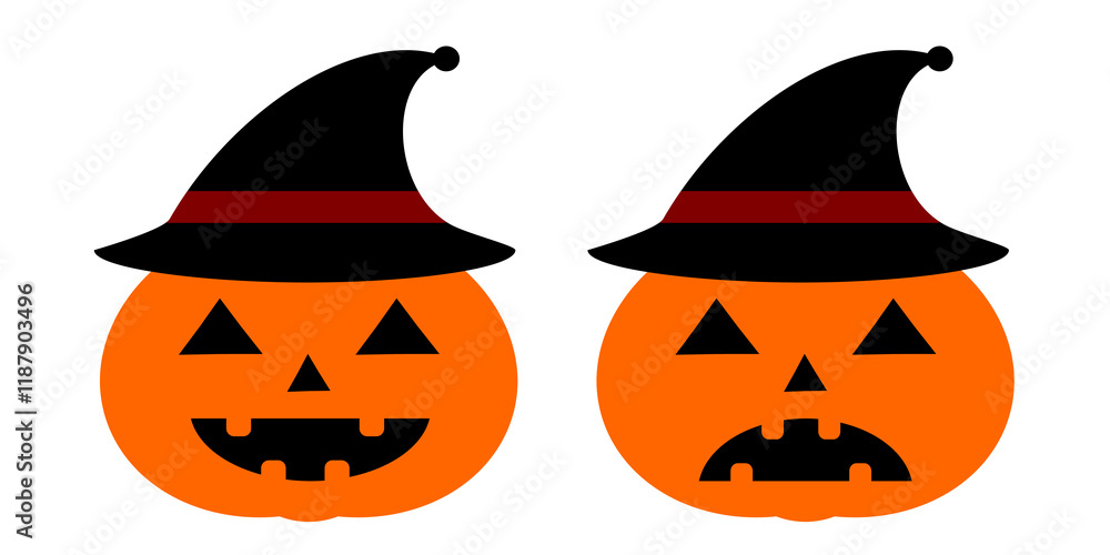 Pumpkin with witch hat. Halloween scary jack o lantern with black hats ...