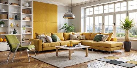 Modern Living Room Interior Design with Yellow Sofa and White Shelving, interior design , home decor