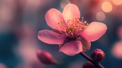 Wall Mural - Close-up of a delicate pink flower blossom with blurred background.