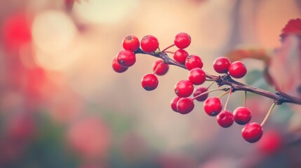 Wall Mural - A close-up of red berries on a branch against a soft, blurred background.