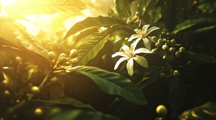 Wall Mural - Sunlit coffee plant blossoms and berries.