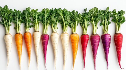 Wall Mural - Colorful array of freshly harvested multicolored carrots with green tops