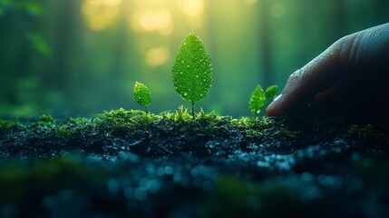 Wall Mural - Hand cares for tiny plants in soil.