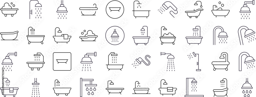 Shower and Bathtub Thin Line Icon Set. Outline Signs for Graphic and ...