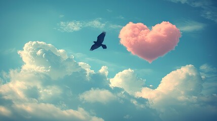 Wall Mural - Heart cloud, bird flying in blue sky.