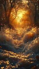 Wall Mural - Forest stream floods path at sunrise.