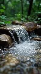 Sticker - Forest stream waterfall cascading over rocks, misty background.