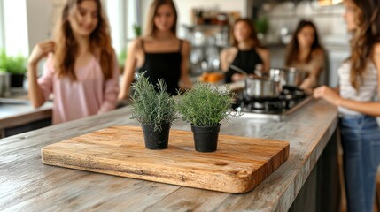 Herbs on cutting board, people cooking.