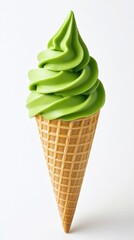 Wall Mural - Green tea (Matcha) soft serve ice cream in cone. A popular Japanese ice cream with authentic sweet and bitter flavor as desserts after a traditional Japanese meal.