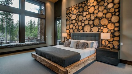 Canvas Print - Modern rustic bedroom with wood accent wall and forest view