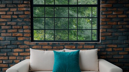 Canvas Print - Cozy brick interior with couch and large window overlooking lush greenery