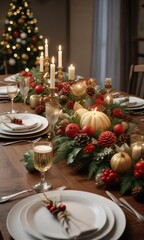 Wall Mural - A beautifully decorated Christmas dinner table with festive centerpieces, evergreen branches, holly leaves, festive centerpieces