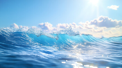 Naklejka na meble Prompt: A shiny ocean wave shimmering under a clear blue sky, with its crystal-clear crest illuminated by sunlight in a breathtaking 4K scene.