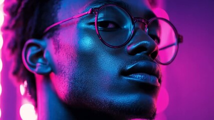 Wall Mural - this image features a person with unique style and glasses illuminated by vibrant lights. it capture