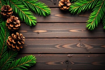 Old wooden planks with greenery and pinecones, atmosphere, holiday