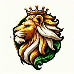 Wall Mural - Lion Note A golden lion's head with a white mane and a green cro