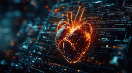 Wall Mural - digital heart visualization with glowing elements.