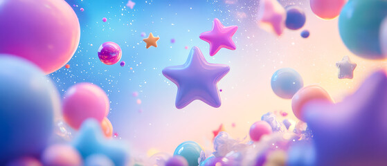 Wall Mural - A colorful sky with many stars and balloons