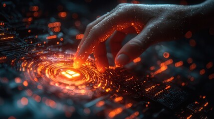 Wall Mural - hand interacting with a glowing circuit board.