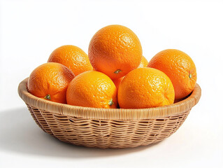 Wicker basket filled with bright oranges placed on a white background symbolizing healthy eating organic produce natural vitamins and the nutritional benefits of fresh tropical citrus fruits