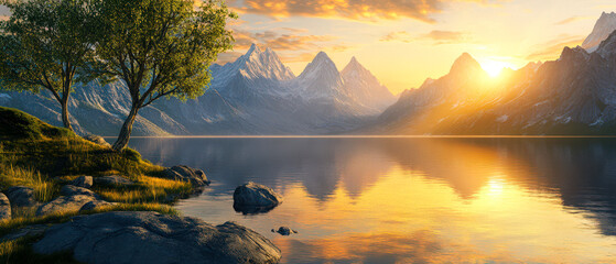 Wall Mural - a beautiful mountain lake with a tree in the foreground