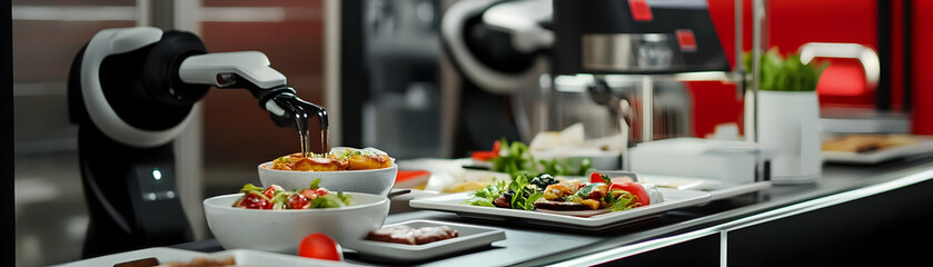 Robot arm serving food in restaurant.