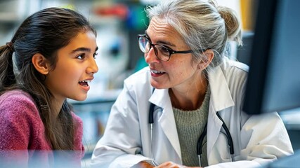 Wall Mural - a senior engineer mentors a young woman in designing wearable health devices that integrate ai for b