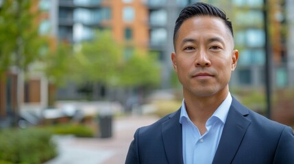 Wall Mural - Confident asian male adult in business suit standing outdoors in urban setting