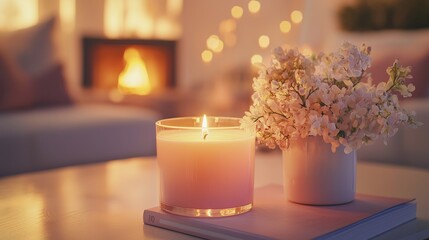 Wall Mural - Cozy living room with lit candle and flowers in relaxing ambiance